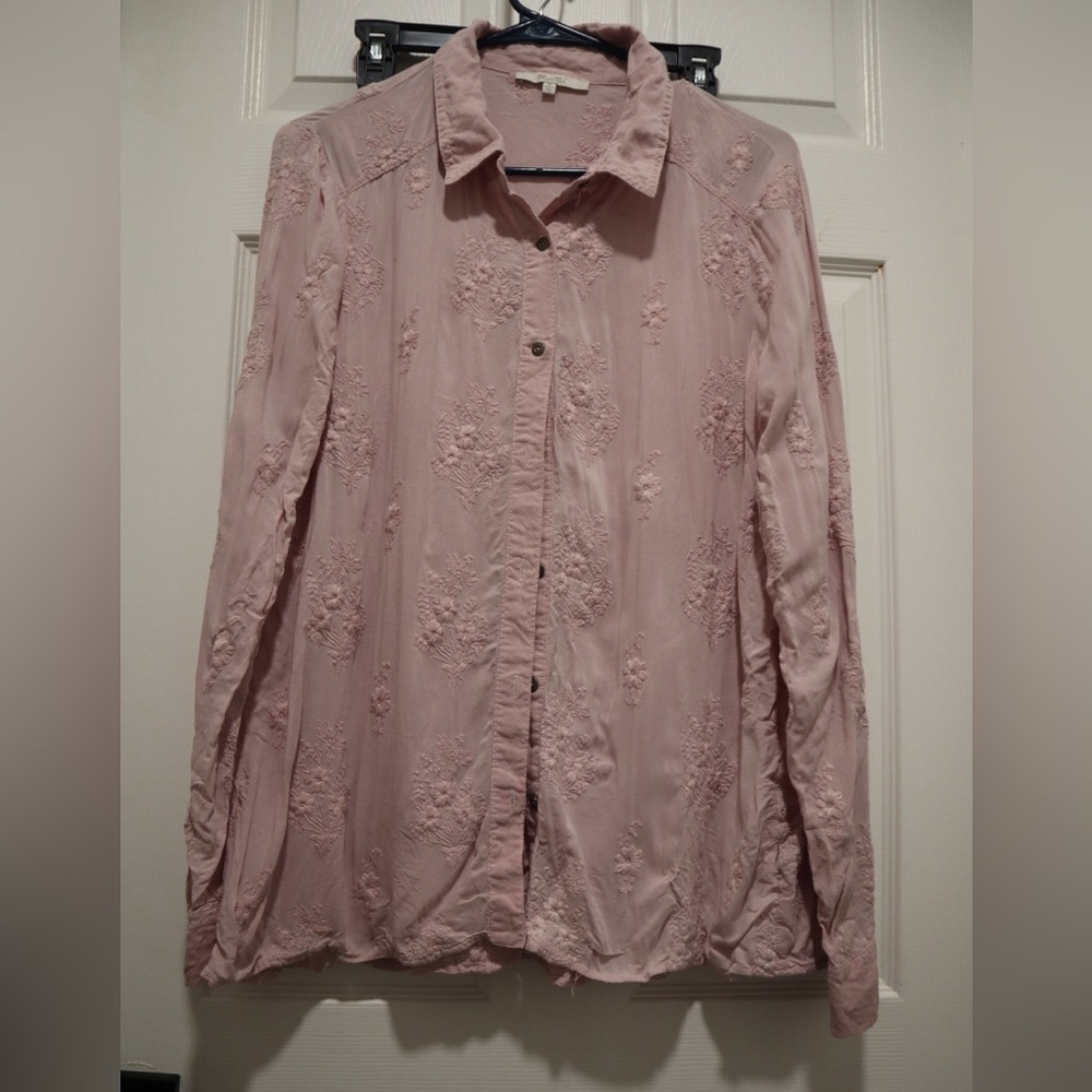 Baby Pink floral embroidered long sleeve shirt